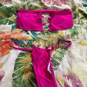 NWT! SHEIN Hot Pink Bandeau strapless thong Bikini with Gold Chain Detail size S